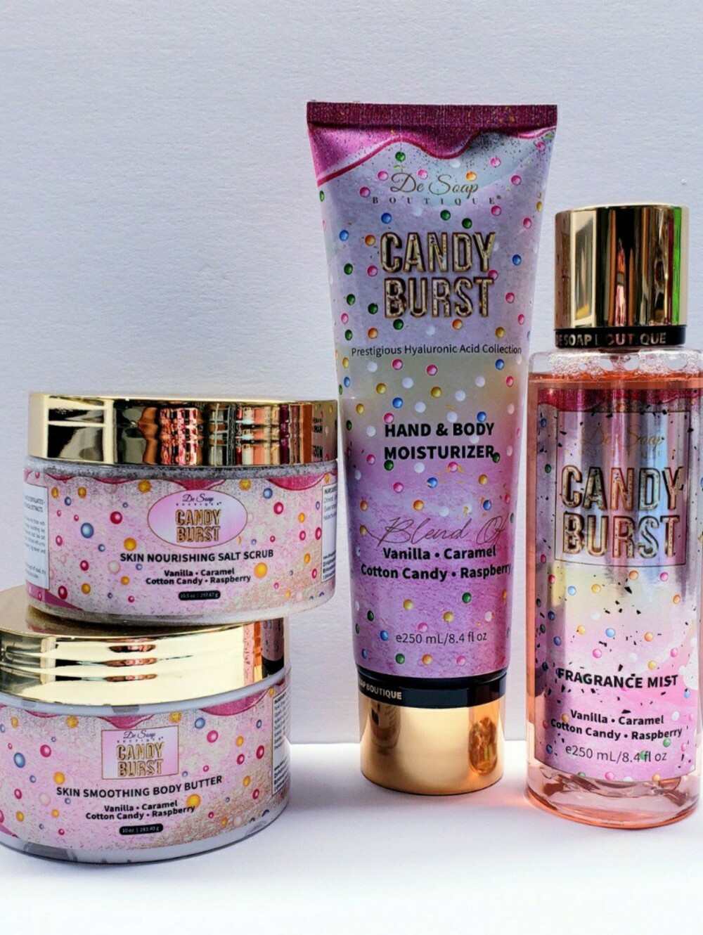 De Soap Boutique CANDY BURST Exotic Body Mist, Body Butter, Scrub, Moisturizer
